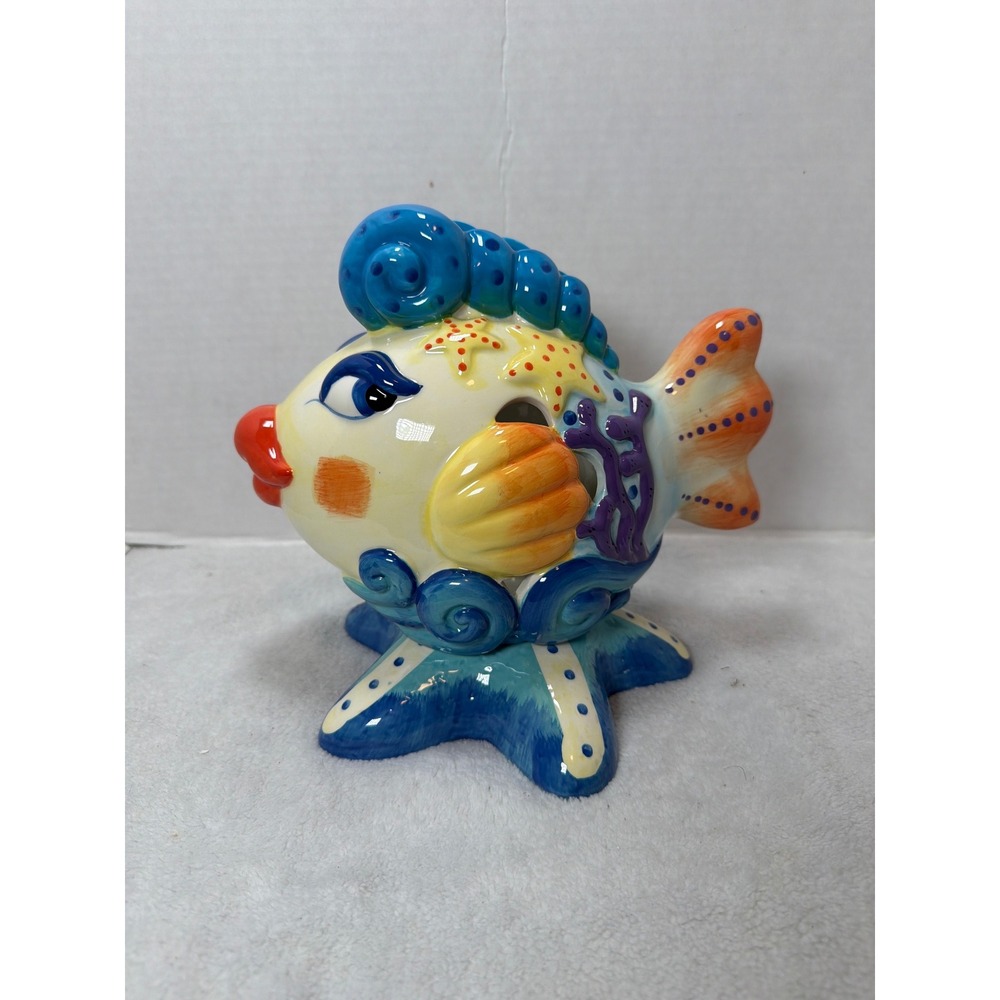 Ceramic Fish Candle Holder Multicolor Tropical Starfish 2pc 8.5" Aquatic